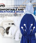 Back view of Moonsuit Nylon And Cotton Work Coveralls with hood showing breathable design, elastic waist, and washing machine graphic.