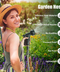 Woman using Stainless Steel Garden Hose 50 Ft Heavy Duty With 10 Function Nozzle in vibrant outdoor setting