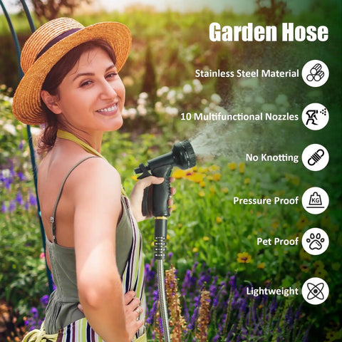 Woman using Stainless Steel Garden Hose 50 Ft Heavy Duty With 10 Function Nozzle in vibrant outdoor setting