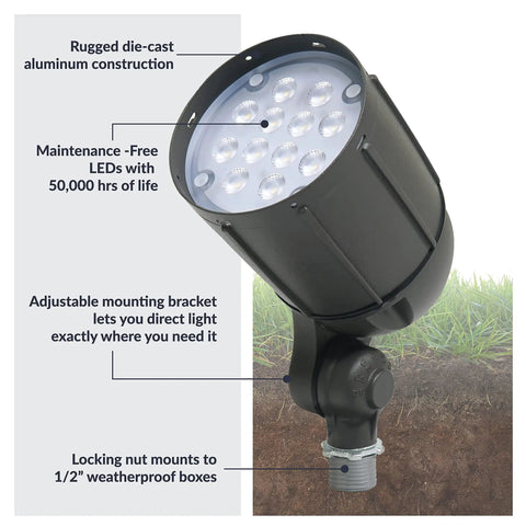 12W Bronze Outdoor LED Flood Light with Weatherproof Build Adjustable Mount shown in rugged die-cast aluminum.