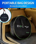 SAE J1772 Portable Level 2 EV Charger 32 Amp 90 To 260 Volt 7 KW Wall Connector With NEMA 10 30 Plug in a portable bag for easy transport.