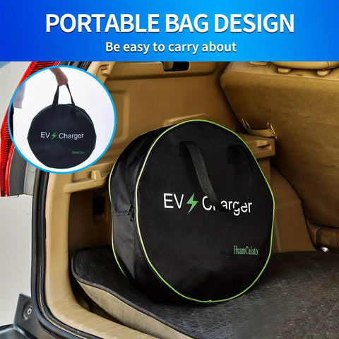 SAE J1772 Portable Level 2 EV Charger 32 Amp 90 To 260 Volt 7 KW Wall Connector With NEMA 10 30 Plug in a portable bag for easy transport.