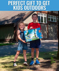 Two children holding box of Kid Ninja Warrior Obstacle Course Set With 2 x 60 Foot Slacklines outdoors.