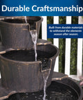 40 Inch Rustic Tiered Barrel Water Fountain For Outdoors, Old-Fashioned Pump Waterfall Feature With Three Barrel Tiers, dark brown.