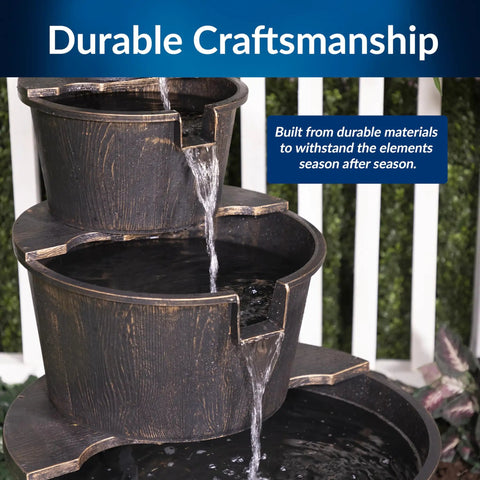 40 Inch Rustic Tiered Barrel Water Fountain For Outdoors, Old-Fashioned Pump Waterfall Feature With Three Barrel Tiers, dark brown.