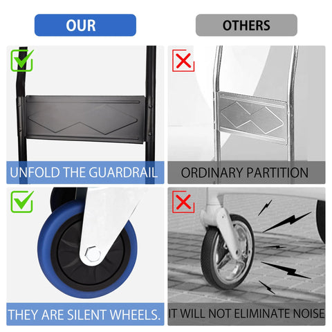 Comparison of foldable push cart dolly guardrail and silent wheels vs ordinary noisy wheels.