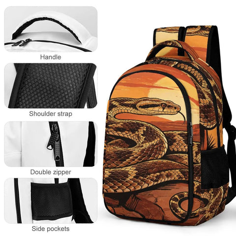 Retro Sunset Western Snake Printed Backpack For Everyday Use Unisex Large Capacity Durable Polyester Travel School Daypack