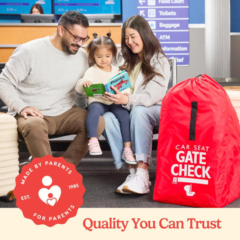 Family with Go To Gate Check Car Seat Travel Bag For Airplane Lightweight Protective Cover For All Baby And Infant Car Seats Airport Essentials For Gate Check AirTag Compatible Red in airport