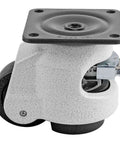 Heavy Duty Swivel Leveling Caster With Smooth Rollin Nylon 66 Wheel Rock Solid Plate Mount Design Easy Adjust Ratchet 63 Mm Cast Aluminum Base 1100 Lb Max Load Capacity For Shop Gear, detailed view from the side.