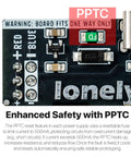 Close-up of USB-C power module for All In One Solderless Breadboard Power Kit With safety feature details and PPTC resettable fuse.