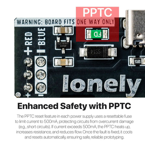 Close-up of USB-C power module for All In One Solderless Breadboard Power Kit With safety feature details and PPTC resettable fuse.