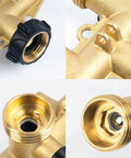 4 Way Heavy Duty Brass Garden Hose Splitter For 3/4 Inch Hoses, No Nonsense Water Faucet Splitter With 4 Valves, Rubber Washers And Teflon Tape, Arthritis Friendly Top Connection, Built Tough Yard Hose Connector For Quick Setup brass threads and valve close-ups