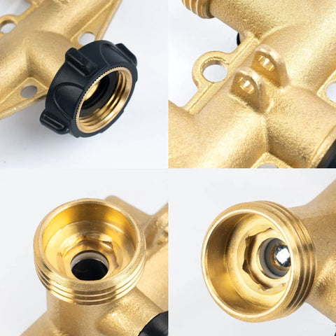 4 Way Heavy Duty Brass Garden Hose Splitter For 3/4 Inch Hoses, No Nonsense Water Faucet Splitter With 4 Valves, Rubber Washers And Teflon Tape, Arthritis Friendly Top Connection, Built Tough Yard Hose Connector For Quick Setup brass threads and valve close-ups