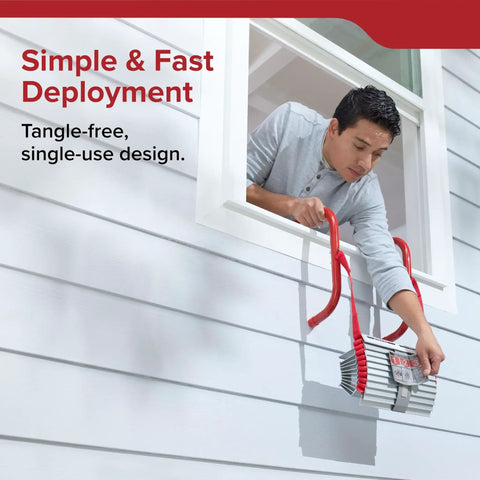 Man deploying Two-Story Fire Escape Rope Ladder Extends To 13 Feet Quick Window Attachment For Casement Windows No Assembly Required
