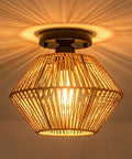 Boho Rattan Ceiling Light Fixture With Handwoven Cage Shade Coastal Semi Flush Mount, natural abaca rope, warm glow, 9.6" wide, 8.6" high