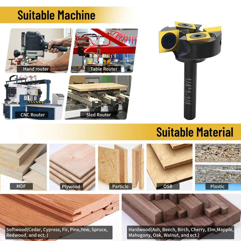 Heavy Duty Slab Flattening Router Bit With One Quarter Inch Shank One And One Quarter Inch Cutting Diameter shown with router compatibility and material options