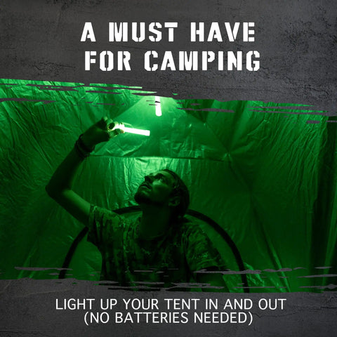 Person holding a green glow stick inside a tent, promoting 100 Pack Ultra Bright Emergency Glow Sticks Green Industrial Grade Survival Gear Lighting.