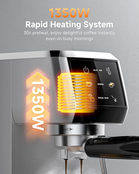 Quick Fix 20 Bar Espresso Machine With Rapid Milk Frother And Hit The Spot Temp Dials showing 1350W rapid heating system.