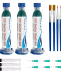 3 Pack UV Solder Mask Ink For PCB Repair, UV Light Curing Solder Mask For BGA And Circuit Board Solder Resist, Green Ink shown with brushes and applicators