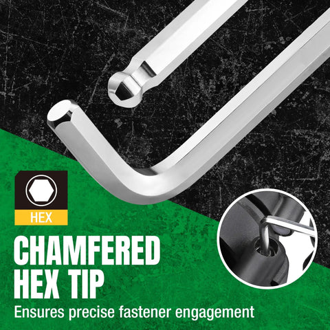 Nine-Piece Metric Allen Wrench Set With Ball End Hex Keys In S2 Steel, chamfered hex tip detail on black and green background