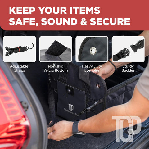 Person using Heavy Duty Trunk Organizer For Cars, SUVs And Trucks With Adjustable Compartments, Collapsible Design, Securing Straps