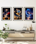 Dope Six Pack Diamond Art Kits For Adults, landscape 5D diamond painting featuring three moon-themed artworks in a modern living room