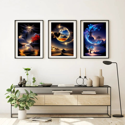 Dope Six Pack Diamond Art Kits For Adults, landscape 5D diamond painting featuring three moon-themed artworks in a modern living room