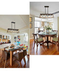 Farmhouse Five-Light Linear Pendant Chandelier For Dining Room And Kitchen Island in walnut finish, dining area view