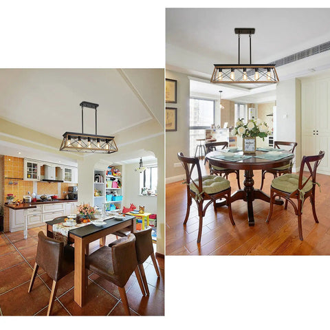 Farmhouse Five-Light Linear Pendant Chandelier For Dining Room And Kitchen Island in walnut finish, dining area view