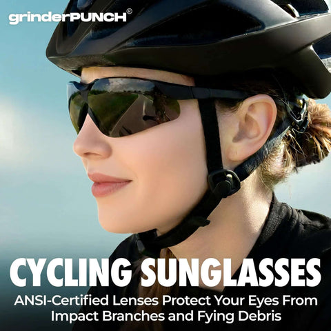 A woman wearing cycling sunglasses with ANSI-certified lenses for eye protection, outdoor cycling gear visible.