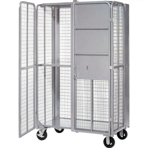 Heavy Duty Folding Security Truck With Lockable Wire Mesh Cage, Built Tough For Two Thousand Pound Loads, Rolls Slick Through Warehouses, And Keeps Your Goods Locked Up Tight