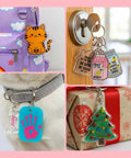 25 Piece Frosted Shrink Plastic Sheets Set keychains with colorful designs on a backpack, door key, pet collar, and gift box