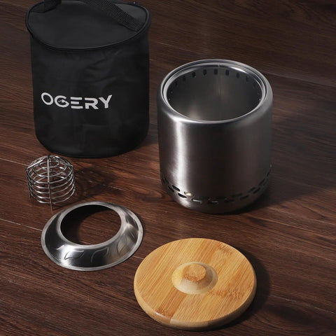 Cozy Tabletop Fire Pit With Stand Smokeless Outdoor Stove For Camping And Patio Use Grab And Go Seven Point Nine By Six Point One Inches Portable Stainless Steel Fueled By Pellets Or Wood Includes Travel Bag, disassembled with components and bag shown on wooden surface