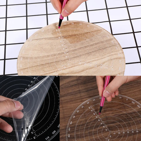 Round Center Finder Compass For Woodworking Clear Acrylic Circle Gauge tool in use on wood and plastic surfaces