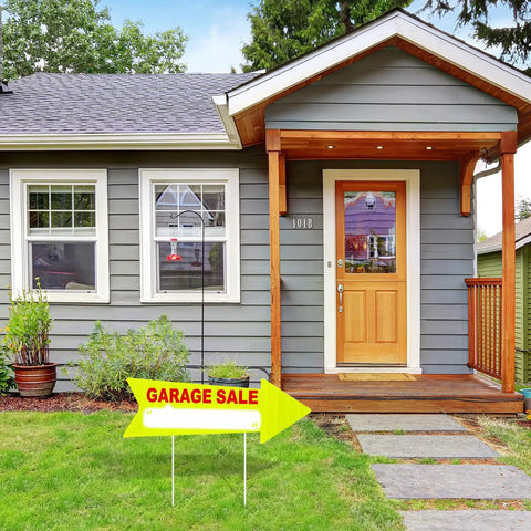 12 Pack Double Sided Neon Arrow Garage Sale Signs With Stakes 17 X 6 Inches High Visibility This Way Plastic Decoration Yellow And Red Great For Yard Sales Flea Markets Or Pop Up Events Easy To See From Afar. neon arrow garage sale sign in front yard