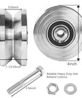 2 Pack 4 Inch V Groove Gate Wheels With Welded Brackets Heavy Duty steel design showing precise dimensions and robust build quality.