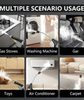 Collage showing 2500W Handheld High Temperature Pressurized Steam Cleaner in use on gas stove, washing machine, car, toys, air conditioner, and carpet.