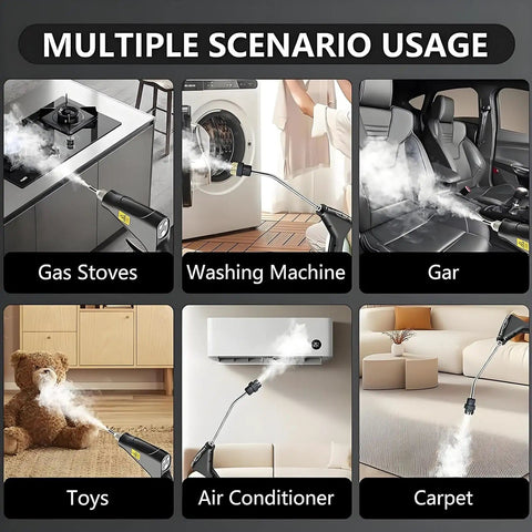 Collage showing 2500W Handheld High Temperature Pressurized Steam Cleaner in use on gas stove, washing machine, car, toys, air conditioner, and carpet.