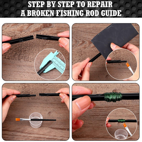 Pro Grade 15 Piece Fishing Rod Repair Kit With Slick Wrapping Machine And Winding Tools Built Tough Premium Thread Adjustable Stand No Sweat Setup Essential Gear For Anglers step-by-step guide showing rod repair process with tools on wooden surface.