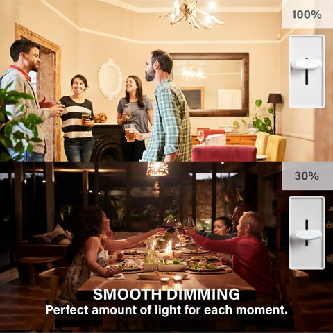 Smooth Dimming E12 LED Candelabra Bulbs 60 Watt Equivalent B10 Filament Chandelier Lights 2700K Soft White UL Listed 12 Pack No Flicker No Buzz Works With Most Dimmers Energy Saving 15000 Hour Lifespan, shown enhancing ambiance in dining and living room with smooth dimming at different levels