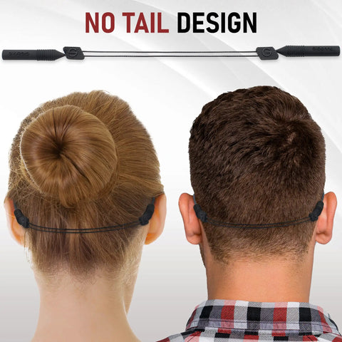 Back view showing No Tail Eyewear Strap For Glasses, Adjustable Retainer Lanyard With Silicone Tips, on man and woman