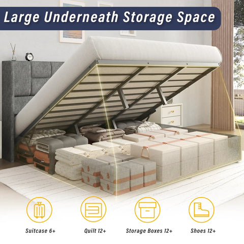 Game Changing King Bed Frame With Hydraulic Gas Lift Storage showing large underneath storage space for linens and boxes.