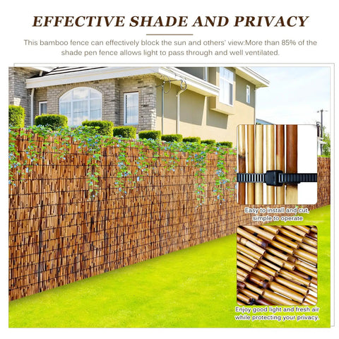 Privacy Bamboo Fence Roll For Outdoor Spaces Coffee Color 2.6x6.6ft with natural bamboo privacy screen in garden setting