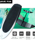Carbon Fiber Hydrofoil Surfboard For Stand-Up Floating And Racing - Ultra Lightweight Non-Inflatable Lift Board Built For Smooth Surf SUP Adventures And High-Speed Dope Glide Durable Responsive Premium Craft, showing top and bottom views with fins.