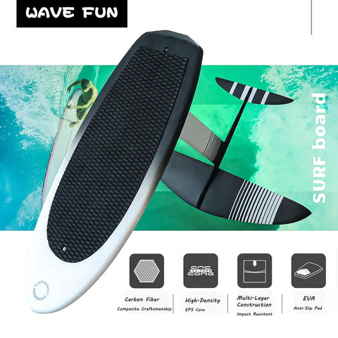 Carbon Fiber Hydrofoil Surfboard For Stand-Up Floating And Racing - Ultra Lightweight Non-Inflatable Lift Board Built For Smooth Surf SUP Adventures And High-Speed Dope Glide Durable Responsive Premium Craft, showing top and bottom views with fins.