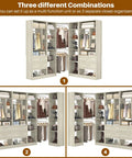 Rock Solid Corner Closet System With 3 Sets and 87 Inch Frame Offers Gobs of Storage via 4 Large Wooden Drawers 4 Hanging Rods Plus over 20 Shelves Perfect for T Shirts, Pants, Jackets, Hats, Bags, and Suitcases With Super Easy Assembly, showcasing multiple configurations.