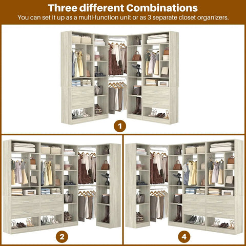 Rock Solid Corner Closet System With 3 Sets and 87 Inch Frame Offers Gobs of Storage via 4 Large Wooden Drawers 4 Hanging Rods Plus over 20 Shelves Perfect for T Shirts, Pants, Jackets, Hats, Bags, and Suitcases With Super Easy Assembly, showcasing multiple configurations.