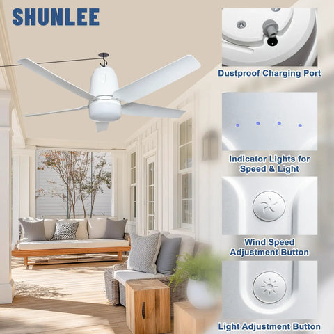 Photo of Solar Outdoor Ceiling Fan Light 31.5 Inch With Remote Portable Gazebo Fan 60W Dual Solar Panels 3000K To 6000K LED 40000mAh Battery in a patio setup, featuring dustproof charging port and control buttons.