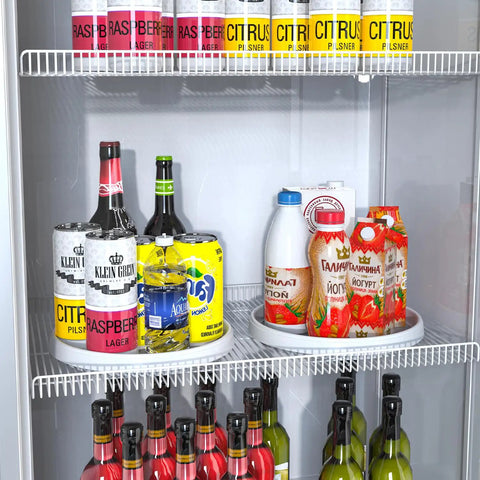 Lazy Susan Turntable Organizer 10 Inch 360 Degree Rotating Tray in fridge with drinks and dairy products