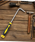 Multi Function Stainless Steel Roller Shutter Hook And Manhole Cover Lifter With Plush Rubber Grip on a tool bench.